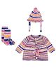 Windrop Solutions Wool Full Sleeves Crocheted Striped Sweater With Cap & Booties - Multi Colour