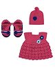 Windrop Solutions Wool Crocheted Sleeveless Floral Designed Sweater Dress With Cap & Booties - Pink