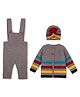 Windrop Solutions Full Sleeves Striped Crocheted Sweater & Solid Dungaree With Cap - Grey