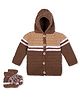 Windrop Solutions Full Sleeves Colour Blocked Crochet Hooded Sweater With Booties Set - Brown