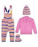 Windrop Solutions Full Sleeves Solid Crocheted Sweater With Coordinating Striped Dungaree Cap & Booties Set - Pink