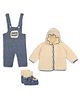 Windrop Solutions Full Sleeves Crochet Hooded Solid Sweater With Coordinating Dungaree & Booties Set - Beige
