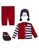 Windrop Solutions Full Sleeves Striped Crocheted Sweater With Solid Pajama Face Designed Cap & Booties Set - Red
