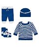 Windrop Solutions Full Sleeves Striped Crocheted Sweater With Coordinating Pajama Cap & Booties Set - Blue