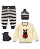Windrop Solutions Full Sleeves Lady Bug Designed Crocheted Sweater With Coordinating Striped Pajama Cap & Booties Set - Beige