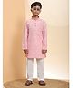 P-MARK Cotton Full Sleeves Floral Embroidered Kurta Pyjama Set - Pink