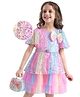 Hola Bonita Woven Flutter Sleeves Rainbow Mesh Sequined Layered Party Dress with Bow Applique - Multicolour