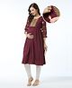 Bella Mama Woven Three Forth Sleeves Maternity Kurta With Embroidered Yoke & Pocket - Wine