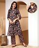 Zelena 100% Cotton Three Fourth Sleeves Floral Printed Top With Nursing Access & Pajama Set - Navy Blue