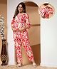 Zelena 100% Cotton Three Fourth Sleeves Abstract Printed Top With Concealed Zipper For Nursing Access & Pajama Set - Red