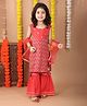 Kinder Kids Cotton Sleeveless Floral Embroidered & Printed Kurta With Sharara & Dupatta - Red