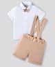 Bonfino Woven Half Sleeves Solid Colour Shirt & Shorts Set with Bow & Suspender - Tan & Off White