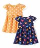 Babyhug Single Jersey Knit Cap Sleeves Polka Dots & Butterfly Printed Frocks with Bow Applique Pack of 2 - Orange & Navy Blue