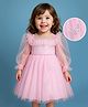 Babyhug Woven Full Puffed Sleeves Party Dress With Butterfly Applique & Pearl Detailing - Baby Pink