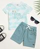 Milou Cotton Half Sleeves Giraffe Printed Tee With Solid Shorts Set - White & Teal