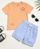 Milou Cotton Half Sleeves Monkey Printed Tee With Striped Shorts Set - Peach & Blue