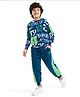 Ollington St. 100% Cotton Knit Full Sleeves Cut & Sew Design Sweatshirt & Joggers Set Text Printed - Navy Blue & Green