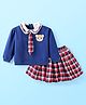 Babyhug Terry Knit Full Sleeves Top & Skirt Set With Tie Applique & Bear Patch - Blue & Red