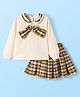 Babyhug Terry Knit Full Sleeves Top & Checkered Skirt Set With Bow Applique - White