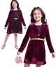 Hola Bonita Knit Full Sleeves Knee Length Velvet Long Jacket with Solid Colour A Line Dress - Wine