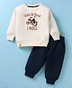 Mini Taurus Fleece Knit Full Sleeves T-Shirt & Lounge Pant Set With Text Print - White & Blue