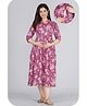 Kaheksa Cotton Three Fourth Sleeves Floral Printed Maternity Dress With Concealed Zipper Nursing Access - Maroon