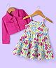 Babyhuhg Cotton Knit Full Sleeves Solid Colour Jacket with Floral Printed Tiered Frock - White & Dark Pink