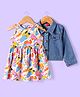 Babyhuhg Cotton Knit Abstract Print Frock With Full Sleeves Denim Jacket - White