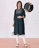 Bella Mama Woven Three Fourth Sleeves Gold Printed Highlighted Yoke Maternity Kurta with Pocket - Teal Blue
