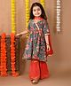 Kinder Kids Cotton Three Fourth Sleeves Floral Printed & Gota Lace Embellished Kurta Sharara With Dupatta - Blue & Red