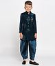 KIDS ISLAND Velvet Full Sleeves Sequin Embroidered Sherwani Kurta With Dhoti Set - Blue