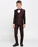 KIDS ISLAND Full Sleeves Sequin Embroidered Blazer With Solid Shirt Pant Waistcoat & Bow - Wine