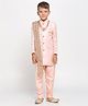 KIDS ISLAND Jacquard Full Sleeves Chain Broach Embellished & Floral Embroidered Sherwani & Churidar With Stones & Lace Embellished Dupatta Set & Pearl Necklace - Peach