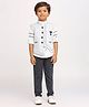 KIDS ISLAND Full Sleeves Placement Striped & Broach Embellished 3 Piece Party Suit Set - Grey
