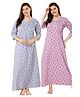 Piu Pack Of 2 Cotton Three Fourth Sleeves Floral Printed Nighties - Purple & Blue