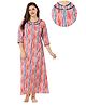 Piu Cotton Three Fourth Sleeves Abstract Printed Nighty With Nursing Access - Red
