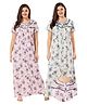 Piu Pack Of 2 Cotton Half Sleeves Lace Embellished & Floral Printed Plus Size Nighties With Nursing Access - Purple & Blue
