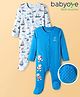 Babyoye Interlock Knit Full Sleeves Sleep Suits With Nautical Them & Animal Print Pack of 2 - Blue & White