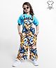 Ollington St. Cotton Knit Floral Printed Dungree & Full Drop Shoulder Sleeves Top with Text Print - Blue & Yellow