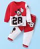 Babyhug Disney Single Jersey Knit Full Sleeves Cut & Sew Mickey Mouse Printed T-Shirt & Track Pant with Patch & Tape Detailing - Red