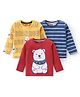 Babyhug Cotton Knit Full Sleeves Striped Text & Bear Printed T-Shirts Pack of 3 - Red Yellow & Navy Blue