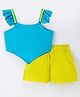 Lil' Drama Cotton Satin Off Shoulder Stylish And Trendy Ruffle Top With Shorts Coordinating Set - Blue
