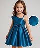 Babyhug Woven One Shoulder Sleeves Solid Colour Pleated Party Frock with Bow Applique  - Navy Blue