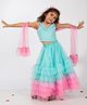 Elaisha Sleeveless Floral Embroidered & Ruffle Detailed Lehenga Choli With Dupatta Set - Light Blue & Pink