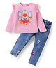 Babyhug Single Jersey Knit Full Sleeves Fox Printed Top & Floral Embroidered Denim Jeans Set - Pink & Blue