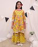 Ka-mee Three Fourth Sleeves Floral Printed & Lace Embellished Coordinating Kurta & Sharara With Dupatta Set - Yellow
