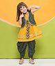 AJ Dezines Sleeveless Lace Embellished Kurta With Foil Motif Printed Coordinating Dhoti & Jacket Set - Yellow & Green