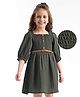 Hola Bonita Woven Three Fourth Sleeves Solid Colour Textured Dress - Dark Green