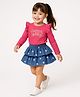 Babyhug Single Jersey Knit Full Sleeves Text Print Top with Frill Detailing and Layered Skirt Set - Navy Blue & Dark Pink