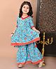 Superminis Cotton Half Sleeves Lace Embellished Floral Printed Kurta With Coordinating Sharara Set - Blue
